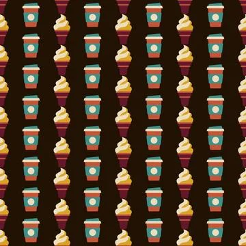 Retro Fast Food Seamless Pattern with Coffee Cups and Ice Cream Cones on Da.. Stock Illustration
