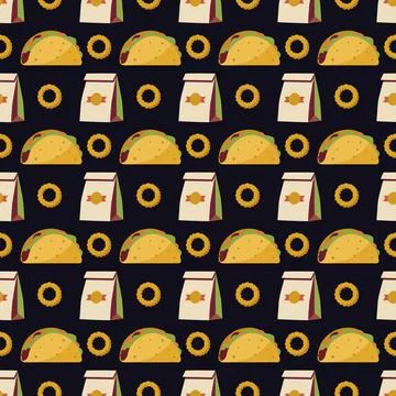 Retro Fast Food Seamless Pattern with Tacos, Paper Bags, and Onion Rings on.. Stockillustratie