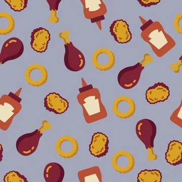 Retro Fast Food Seamless Pattern with Chicken Legs, Nuggets, Onion Rings, a.. Stock Illustration