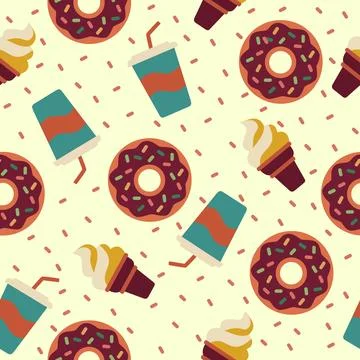 Retro Fast Food Seamless Pattern with Donuts, Soda Cups, and Ice Cream Cone.. Stockillustratie