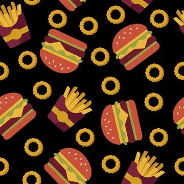 Retro Fast Food Seamless Pattern with Burgers, French Fries, and Onion Ring.. Stock Illustration