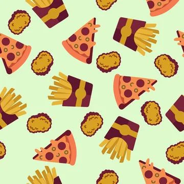 Retro Fast Food Seamless Pattern with Pizza Slices, French Fries, and Nugge.. Stock Illustration