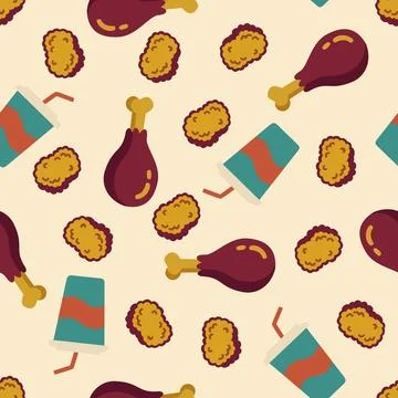 Retro Fast Food Seamless Pattern with Chicken Legs, Nuggets, and Drink Cups.. Stockillustratie