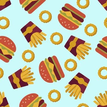 Retro Fast Food Seamless Pattern with Burgers, French Fries, and Onion Ring.. Stock Illustration