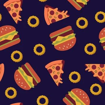 Retro Fast Food Seamless Pattern with Burgers, Pizza Slices, and Onion Ring.. 库存插图