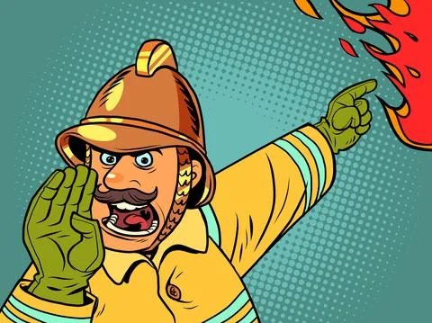 Retro fireman yells about a fire. Danger and rescuers Stock-Illustration