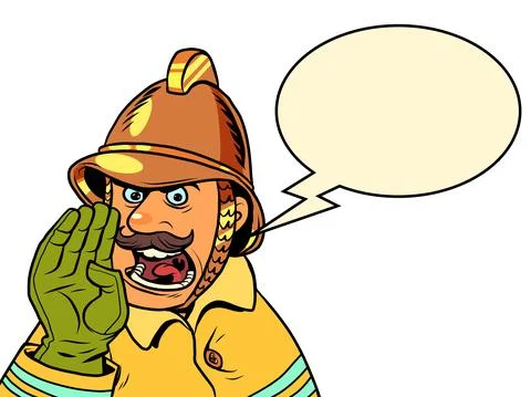 Retro fireman yells about a fire. Danger and rescuers 库存插图