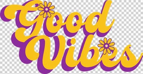 Retro flat design is showing Good Vibes script with daisy accents on transparent Stock Illustration