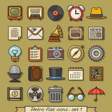 Retro flat line icons - set Stock Illustration