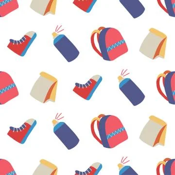 Retro flat seamless pattern with backpack, spray paint, lunch and shoes. Stock Illustration
