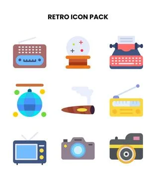 Retro Flat Vector Icons Pack Stock Illustration