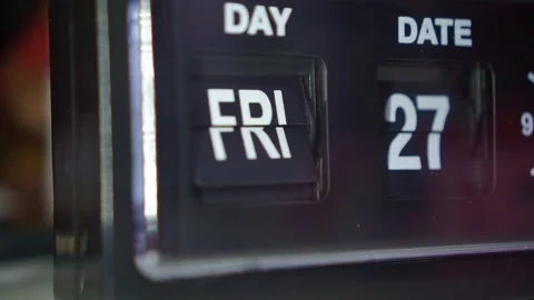 Retro flip alarm clock changing date, dark bedroom scene, time passage and Stock Footage 344431628