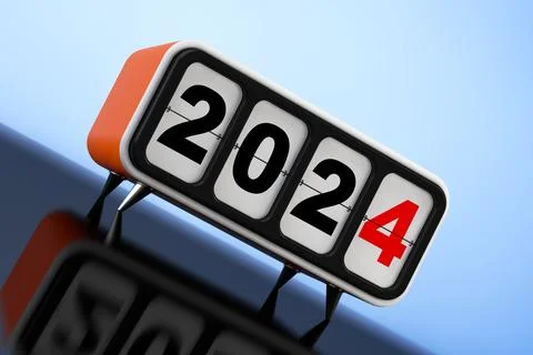 Retro Flip Clock with 2024 New Year Sign. 3d Rendering Illustrazione stock