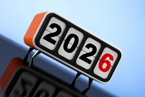 Retro Flip Clock with 2026 New Year Sign. 3d Rendering Stock-Illustration