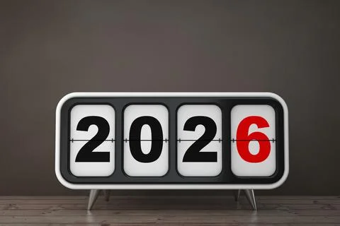 Retro Flip Clock with 2026 New Year Sign. 3d Rendering Stock Illustration