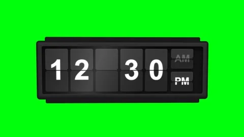 Retro Flip Clock Displaying 1230 PM on Green Screen Background Stock Footage 336617963