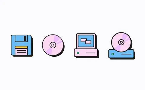 Retro floppy disk, compact disc, computer monitor, and CD drive icons. Minimal Stock Illustration