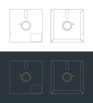 Retro floppy diskette front and back view technical drawing Stock-Illustration