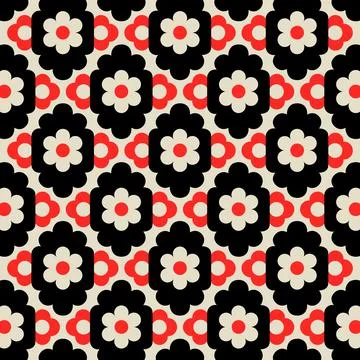 Retro Floral Pattern with Black, Red and Cream Daisy Flowers Stockillustratie