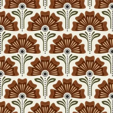 Retro Floral Pattern with Brown Flowers and Olive Leaves Stock Illustration