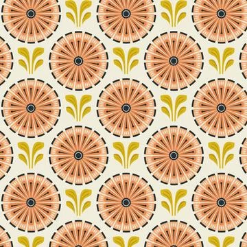 Retro Floral Pattern with Geometric Peach Flowers and Mustard Yellow Leaves Stock Illustration