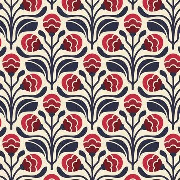 Retro Floral Pattern with Red and Burgundy Flowers and Navy Leaves Stock Illustration