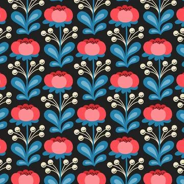 Retro Floral Pattern with Red Flowers and Blue Leaves on Black Background イラスト素材