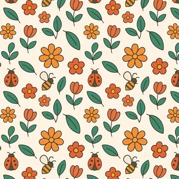 Retro floral seamless pattern with bees and ladybugs Stock-Illustration