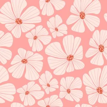 Retro floral seamless pattern with Groovy Daisy Flower on pink background. .. Stock Illustration