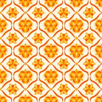 Retro Floral Seamless Pattern With Orange Geometric Motif Stock Illustration