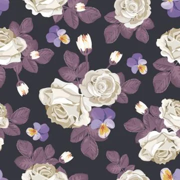 Retro floral seamless pattern. White roses with violet leaves, pansies on dark Stock Illustration