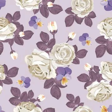 Retro floral seamless pattern. White roses with violet leaves, pansies on light Stock Illustration