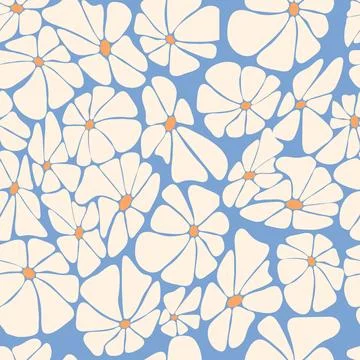 Retro floral seamless pattern with white Groovy Daisy Flower on blue backgr.. Stock Illustration