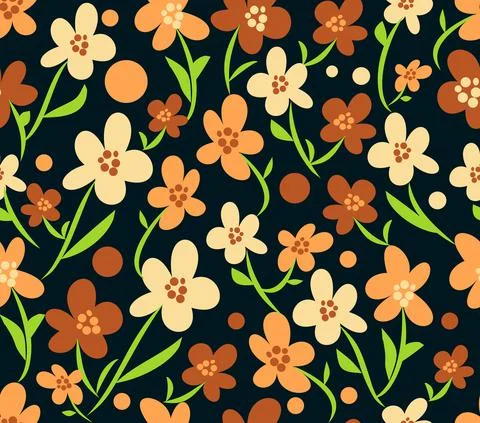 Retro flourish seamless patterns in brown, beige and orange design with green Stock Illustration