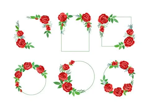 Retro flower frames of red roses of different shapes set. Wedding, party Stock Illustration