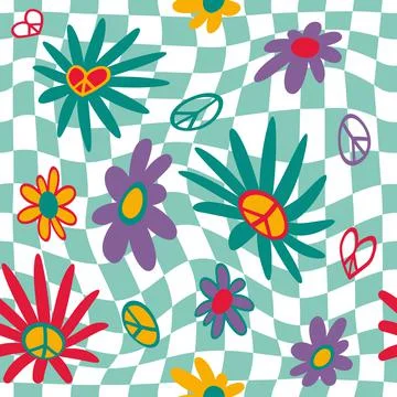 Retro flower pattern. Groovy checkered background. Geometric grid. Trippy 70s Stock Illustration