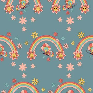 Retro Flower Rainbow vector seamless pattern. Stock Illustration