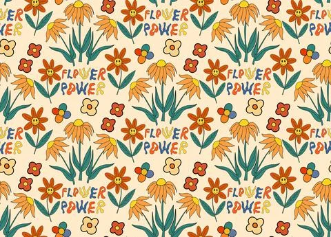 Retro flowers 70s seamless pattern. Hippie flower power repeating texture Stock Illustration