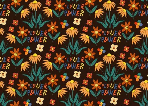 Retro flowers 70s seamless pattern. Hippie flower power repeating texture Stock Illustration