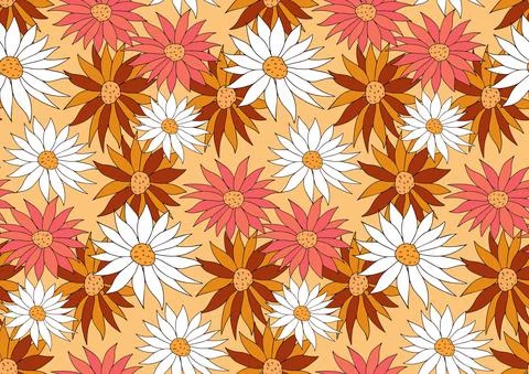 Retro flowers 70s seamless pattern. Hippie flower power repeating texture Stock Illustration