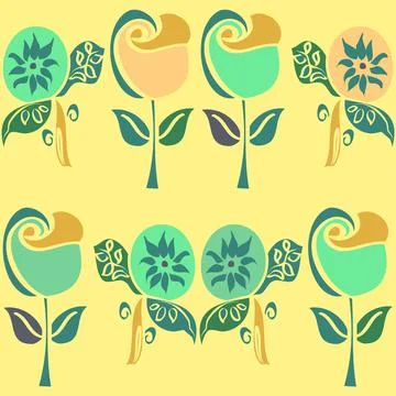 Retro Flowers Pattern In Fresh Funky Green And Lemon Shades Stock Illustration
