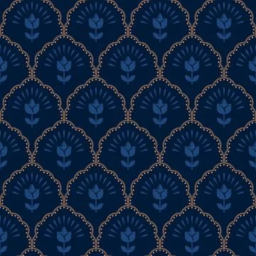 Retro flowers scallop seamless pattern.  Stock Illustration