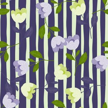 Retro flowers seamless pattern on stripe background. Vintage botany texture. Stock Illustration
