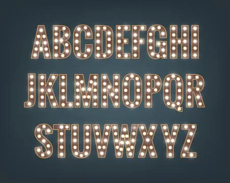 Retro font with light bulbs. Shiny letters Stock Illustration