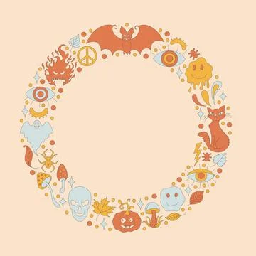 Retro frame with 70s style Halloween elements. Stock Illustration