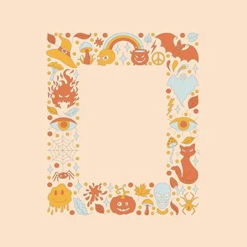 Retro frame with 70s style Halloween elements. 스톡 일러스트