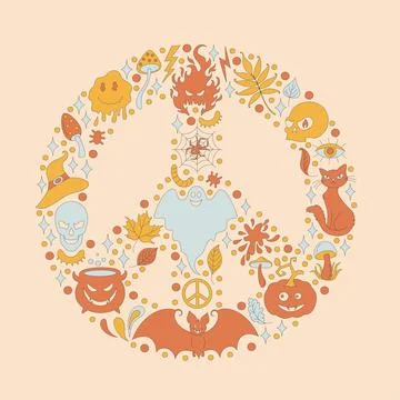 Retro frame with 70s style Halloween elements. Stock Illustration