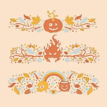 Retro frame with 70s style Halloween elements. Stock Illustration