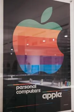 Retro framed Apple computer poster on exhibit inside Apple Museum in Prague,  Stock Photos