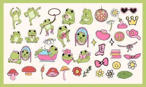 Retro Frogs self love element clipart set Groovy drawing Stock Illustration